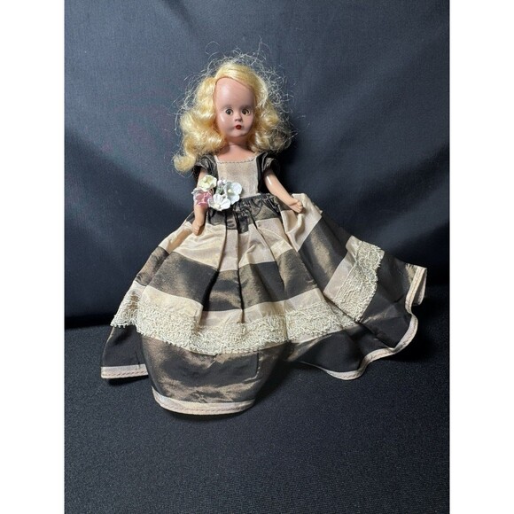 Nancy Ann Storybook Vintage Open Close Eyes Blonde Stripe Dress